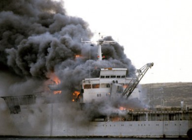 British vessel the HMS Sir Galahad ablaze after the Argentine air raid on at Bluff Cove in 1982.