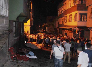 People gather after an explosion in Gaziantep, southeastern Turkey.