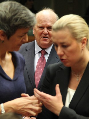Minister for Finance Michael Noonan, center, looks on as Margrethe Vestager, now European Competition Commissioner, speaks to Jutta Urpilainen, then Finnish Finance Minister back in 2012.