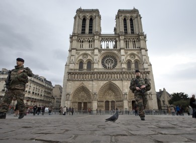French soldiers patrol near Notre Dame cathedral in Paris last November.