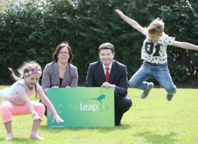 NTA chief executive Anne Graham with Jude Davis (7) from Finglas and Lacey Ann Walsh (7) from Blanchardstown and former Minister for Transport Paschal Donohoe.