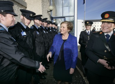 Garda recruit Sarah Jennings from Cork meeting Fine Gael Minister for Justice and Equality, Frances Fitzgerald and the Garda Commissioner, Noirin O'Sullivan in 2015.