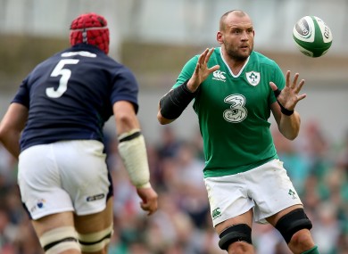 Dan Tuohy in possession for Ireland against Scotland during a 2015 World Cup warm-up game at the Aviva Stadium.