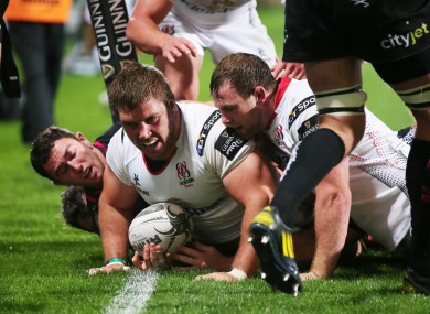 Wiehahn Herbst scores a try for Ulster against the Ospreys in the Guinness Pro12.