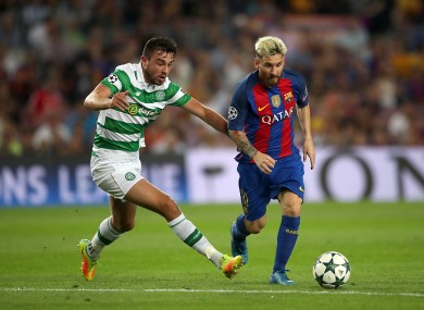 Eoghan O'Connell tracking Lionel Messi during Celtic's Champions League encounter with Barcelona at the Camp Nou in September.