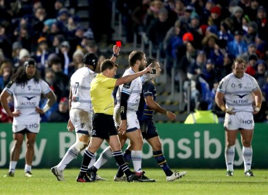 Referee JP Doyle shows Frans Steyn of Montpellier a red card at the RDS earlier this month.