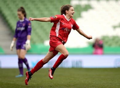 Shelbourne Ladies' Leanne Kiernan celebrates scoring the second goal of the game in the WFAI Cup final.