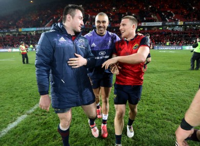 Niall Scannell, Simon Zebo and Andrew Conway celebrate on Saturday.