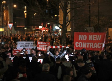 Arsenal fans protesting outside the Emirates Stadium before their Champions League exit this week.