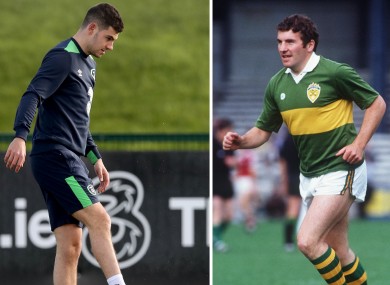 Egan training with Ireland today (left) and (right) John senior lining out for Kerry in 1984.