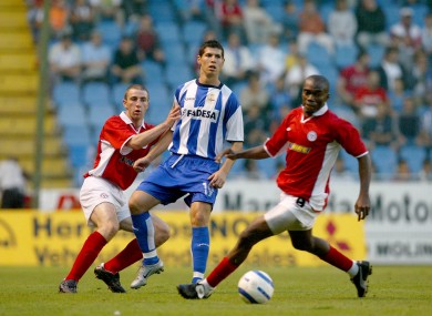 Shelbourne's Joseph Ndo and Owen Heary with Albert Luque of Deportivo during a Champions League qualifier at Lansdowne Road in 2004.