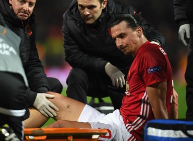 Manchester United striker Zlatan Ibrahimovic suffers an injury against Anderlecht.