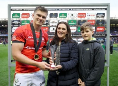 Olive and Tony Foley present Farrell with the Anthony Foley Memorial Trophy.
