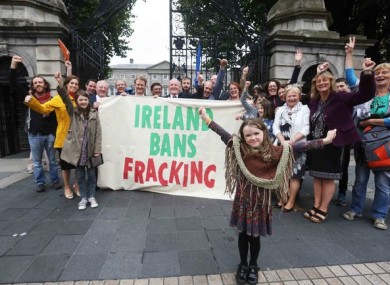 Anti-fracking supporters outside Leinster House in Dublin today.