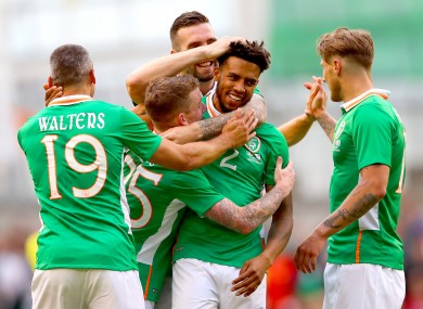 Ireland's Cyrus Christie celebrates scoring his side's second goal with Jonathan Walters, Jonny Hayes, Shane Duffy and Jeff Hendrick.