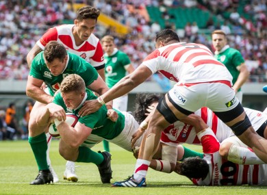 Dan Leavy goes over during Ireland's hammering of Japan on Saturday.