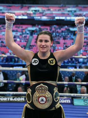 Katie Taylor celebrates after her victory over Nina Meinke at Wembley Stadium back in April.