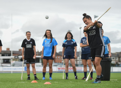 Theresa Fitzpatrick tries her hand at camogie earlier today.