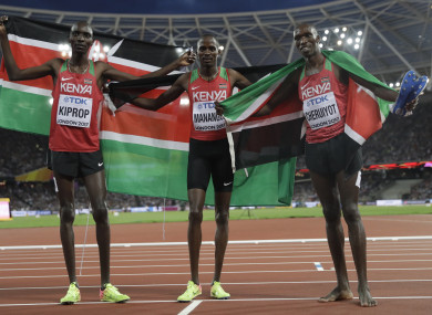 1500m world champion Elijah Motonei Manangoi (middle) with silver medallist Timothy Cheruiyot (right) and compatriot Asbel Kiprop.