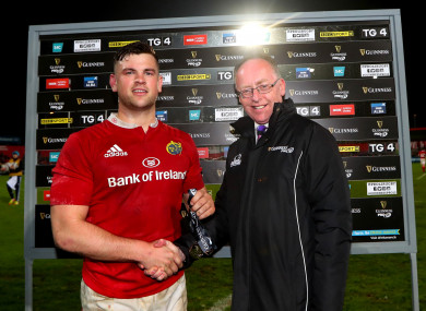 Conor Oliver receiving the man-of-the-match award following Munster's win over Glasgow Warriors in April.