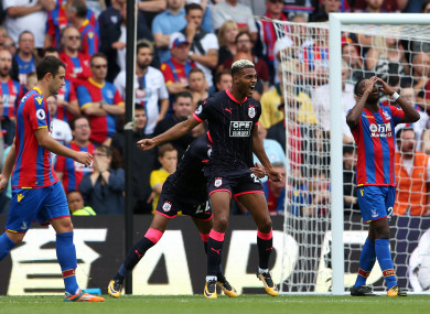 Huddersfield Town's Steve Mounie celebrates scoring his side's second goal during the Premier League match at Selhurst Park.