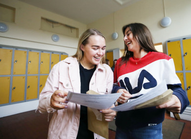 Leah Duggan and Sarah Kelly from Maryfield College checking their results last Wednesday.