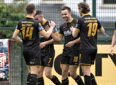Robbie Benson celebrates after opening the scoring for Dundalk against Derry City.