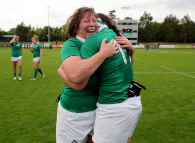 O'Reilly, left, celebrates with Paula Fitzpatrick after beating Japan.