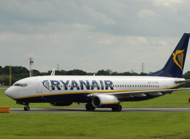 A Ryanair flight at Manchester Airport.