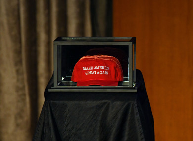 A Make America Great Again hat placed on the side of the stage prior to Donald Trump speaking to supporters at New York last year.