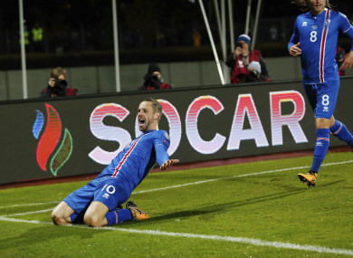 Iceland's Gylfi Sigurdsson celebrates after scoring against Kosovo.