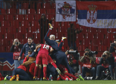 Serbia's Aleksandar Prijovic celebrates with his teammates.