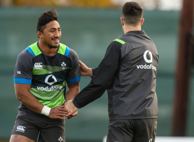 Bundee Aki and Conor Murray during this morning's squad session in Carton House.