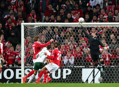 Ireland's Darren Randolph makes a late save.