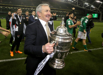 John Caulfield celebrates with the FAI Cup at the Aviva Stadium.