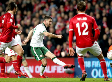 Robbie Brady shoots during the game.