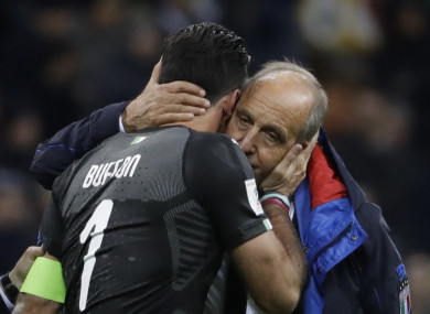 Ventura and retiring goalkeeper Gianluigi Buffon embrace.