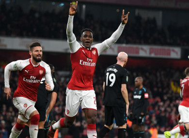 Arsenal striker Danny Welbeck celebrates a goal.