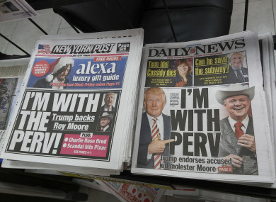 New York tabloid newspapers on use the same catchphrase in their reporting of President Donald Trump supporting Roy Moore in his bid for Alabama senator