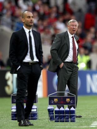 Pep Guardiola and Alex Ferguson on the touchline at Wembley during the 2011 Champions League final between Barcelona and Manchester United.