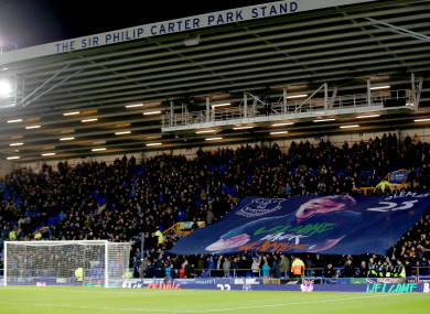 A giant Seamus Coleman banner in the stands during the Premier League match at Goodison Park.