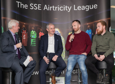 Caulfield (second left) speaking to Con Murphy, Dundalk captain Stephen O'Donnell and Galway United's Ryan Connolly at the Aviva Stadium today.