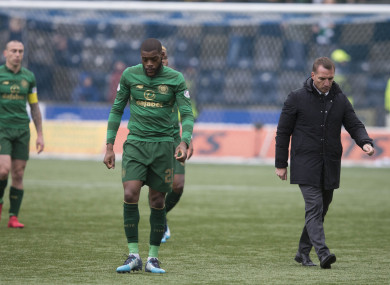 Celtic manager Brendan Rodgers leads his players off the Rugby Park pitch.