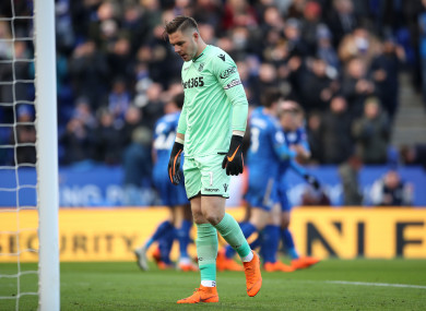 Jack Butland dejected after scoring an own goal against Leicester.