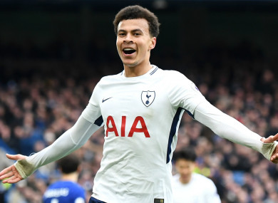 Dele Alli celebrates scoring against Chelsea on Sunday.