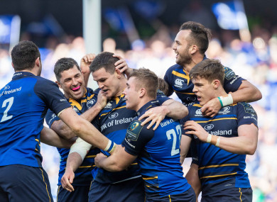 Sexton celebrates Leinster's fifth try.