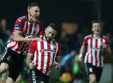 Derry's Rory Patterson celebrates scoring (file pic).