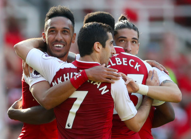 Arsenal's Pierre-Emerick Aubameyang (left) celebrates scoring his side's fifth goal of the game.