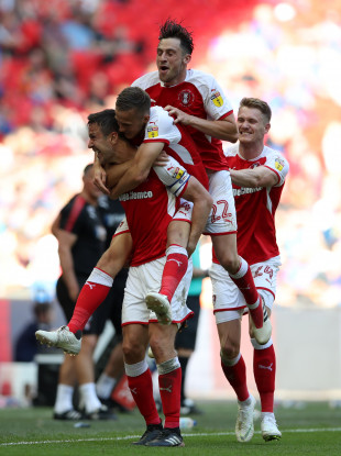 Rotherham United's Richard Wood (bottom left) celebrates scoring his side's second goal.