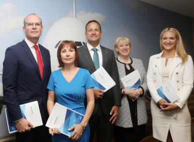 Pictured (l to r): Tánaiste Simon Coveney, Minister for Culture, Heritage & the Gaeltacht Josepha Madigan, Taoiseach Leo Varadkar, Minister for Business, Enterprise & Innovation Heather Humphreys, and Minister of State for European Affairs Helen McEntee, as they launched the plan today.